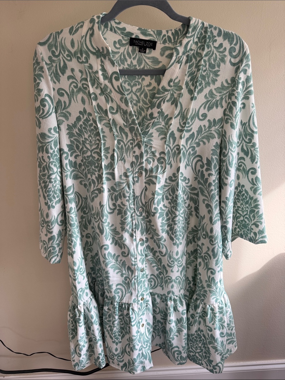 Rachel Zoe Cream and Sage Floral-Print Peplum Button Front Tunic size S